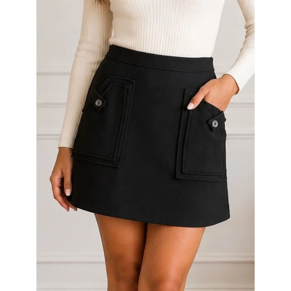 Maeve Anthropologie Mini Skirt M Black Workwear City Chic Preppy Quiet Luxury